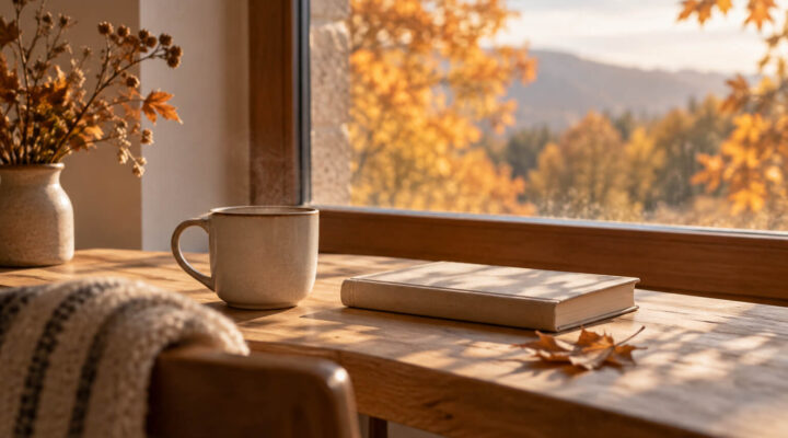 Taza y libro junto a una ventana con luz natural y paisaje de otoño.