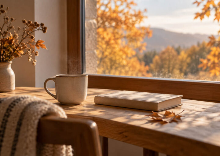 Taza y libro junto a una ventana con luz natural y paisaje de otoño.