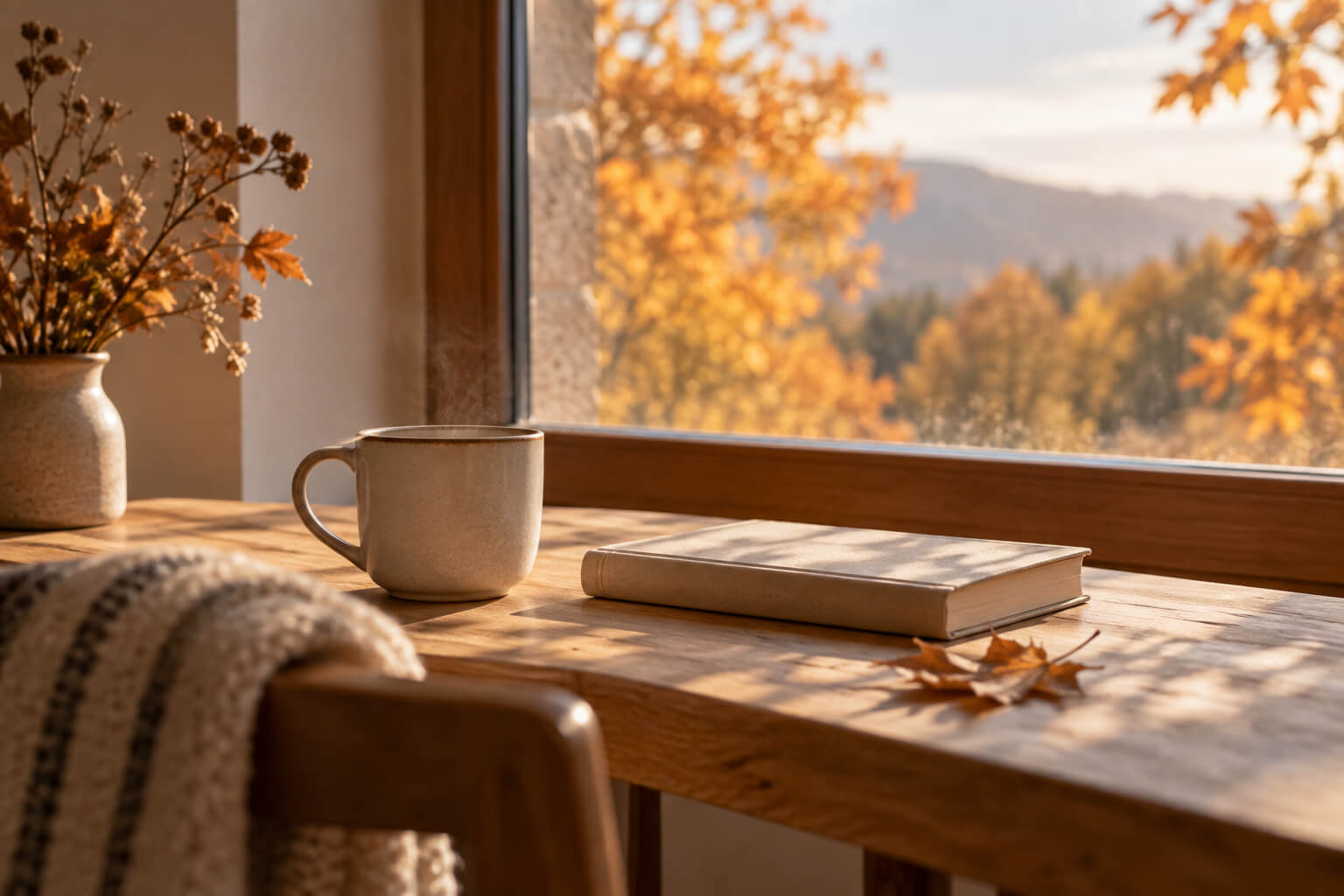 Taza y libro junto a una ventana con luz natural y paisaje de otoño.