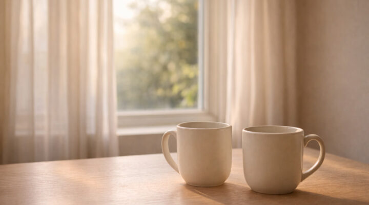 Dos tazas de cerámica sobre una mesa de madera junto a una ventana con luz natural suave