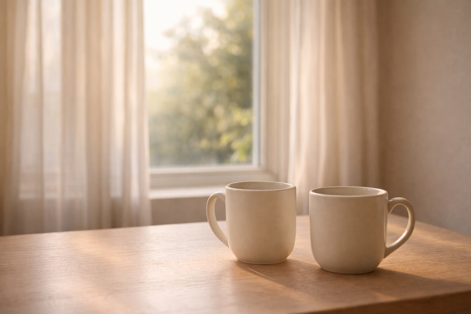 Dos tazas de cerámica sobre una mesa de madera junto a una ventana con luz natural suave