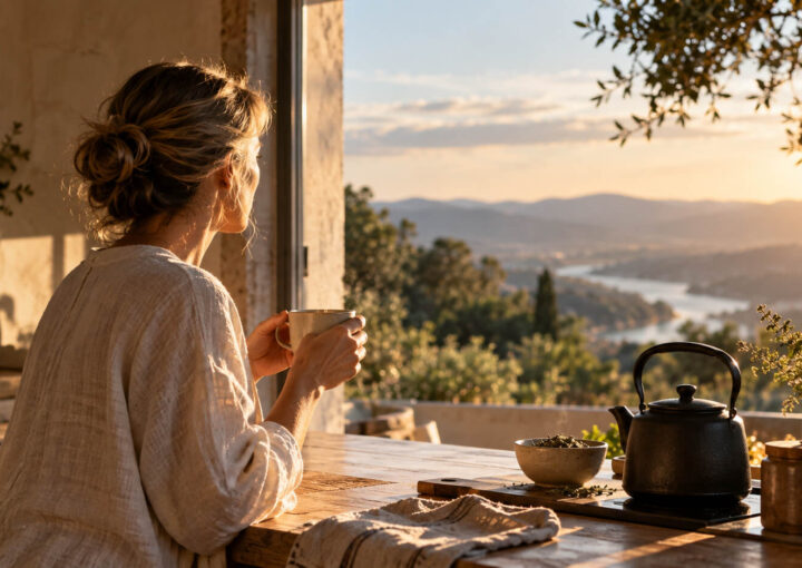 Mujer con una taza entre las manos al amanecer, junto a una cocina abierta a un paisaje natural.