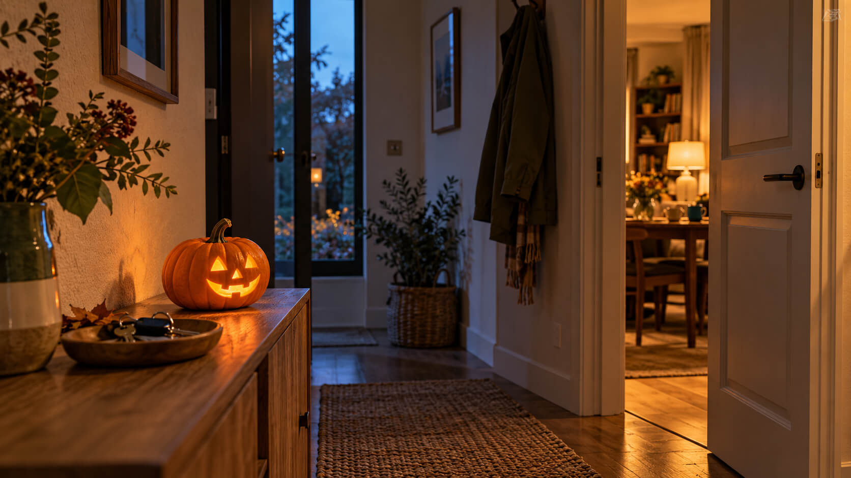 Calabaza de Halloween iluminada en un recibidor al anochecer, junto a una puerta abierta hacia una habitación con luz cálida.