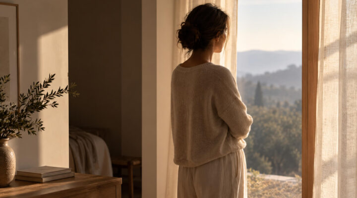 Mujer contemplando la luz desde una ventana en una habitación serena de tonos cálidos.
