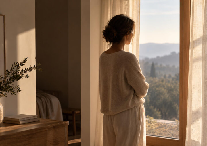 Mujer contemplando la luz desde una ventana en una habitación serena de tonos cálidos.