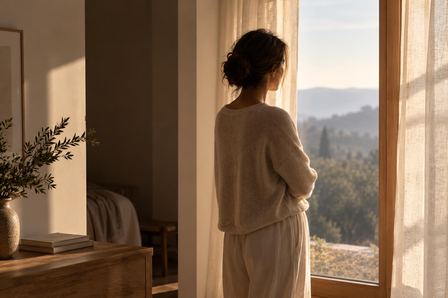 Mujer contemplando la luz desde una ventana en una habitación serena de tonos cálidos.
