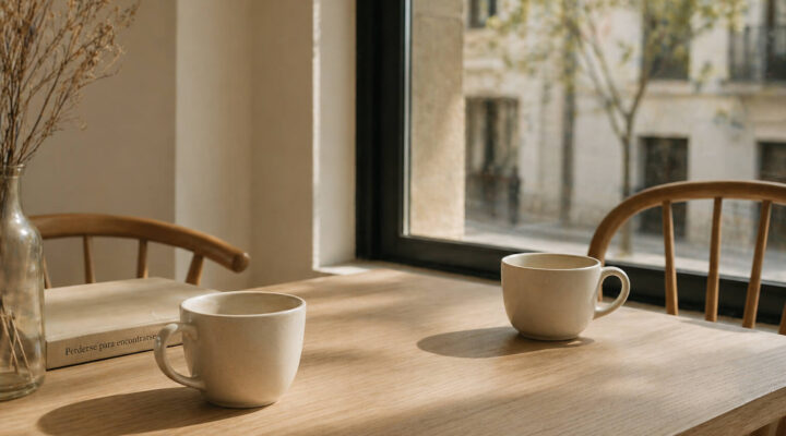 Mesa de madera junto a una ventana con dos tazas blancas y sillas en un ambiente minimalista con luz natural