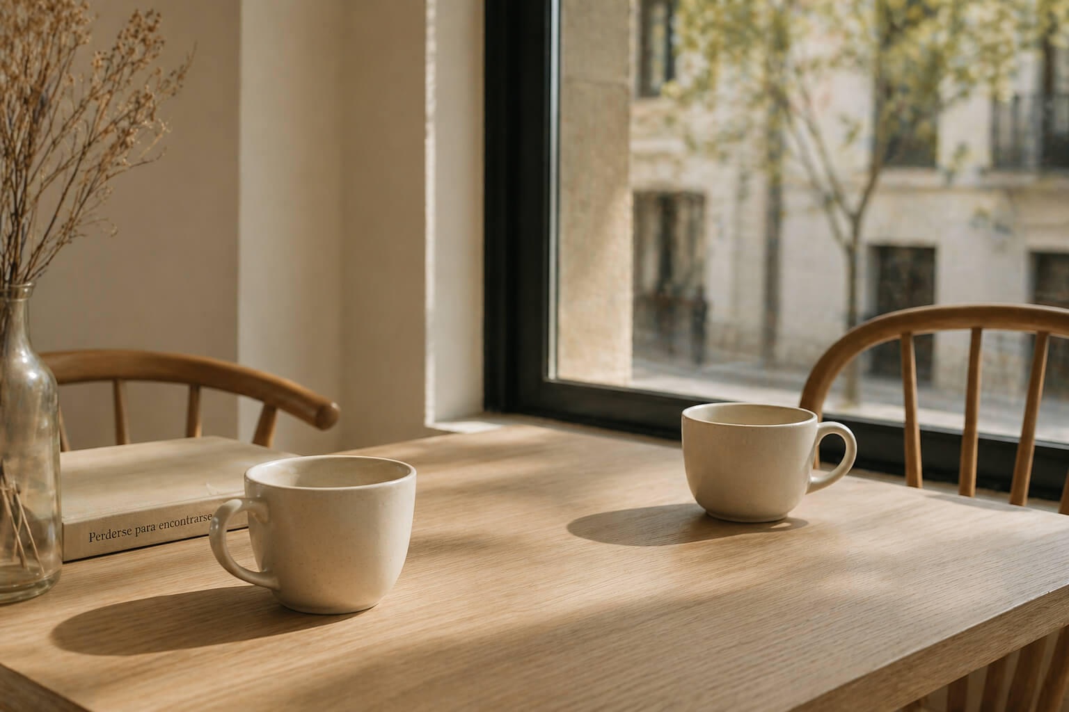 Mesa de madera junto a una ventana con dos tazas blancas y sillas en un ambiente minimalista con luz natural