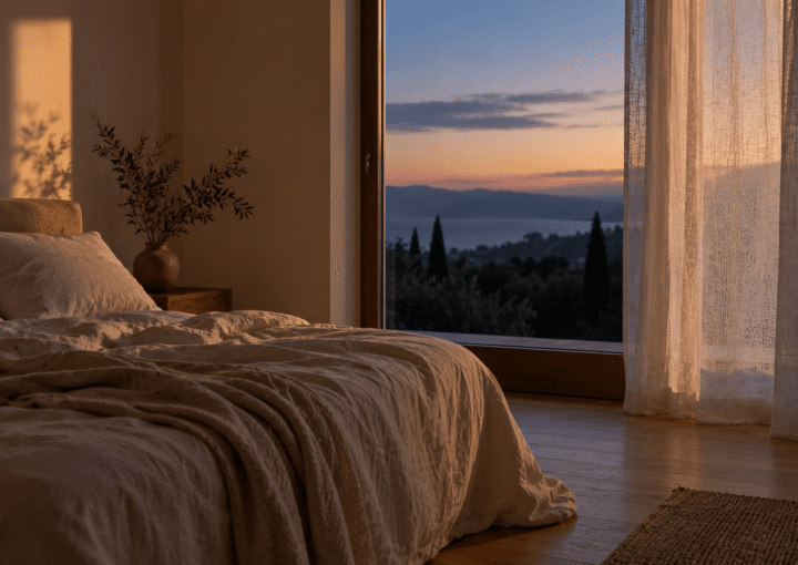 Dormitorio sereno al anochecer con cama de lino y la última luz entrando por una gran ventana.