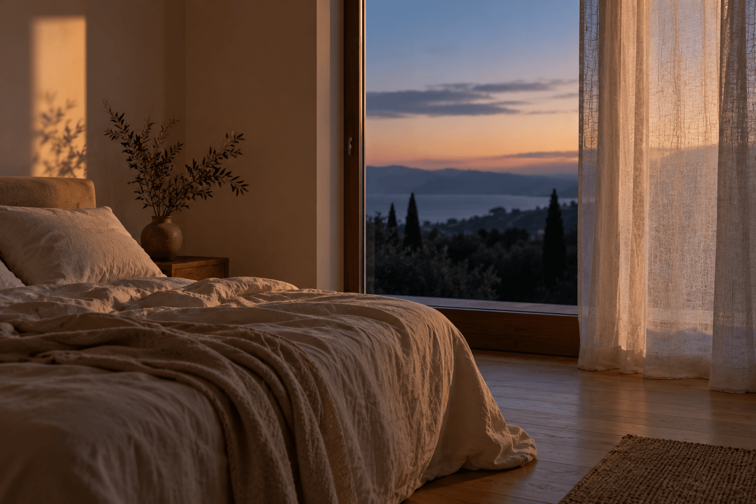 Dormitorio sereno al anochecer con cama de lino y la última luz entrando por una gran ventana.