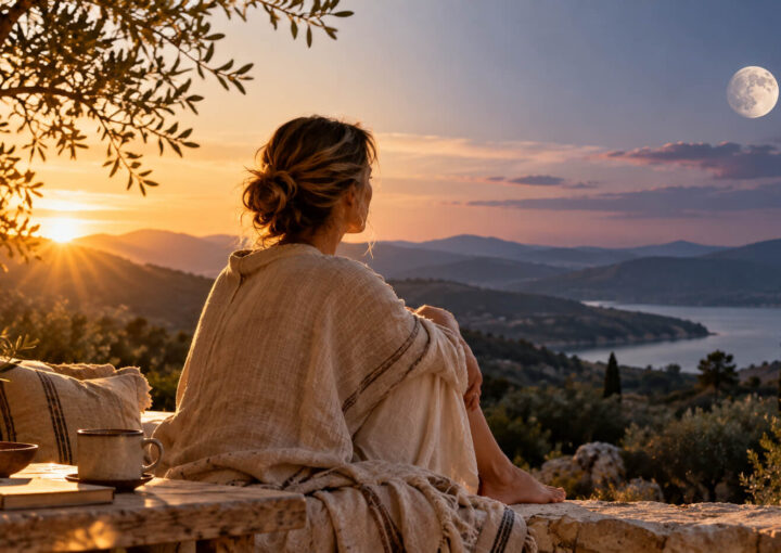 Mujer sentada ante un paisaje al atardecer, entre la luz del sol y la aparición de la luna.