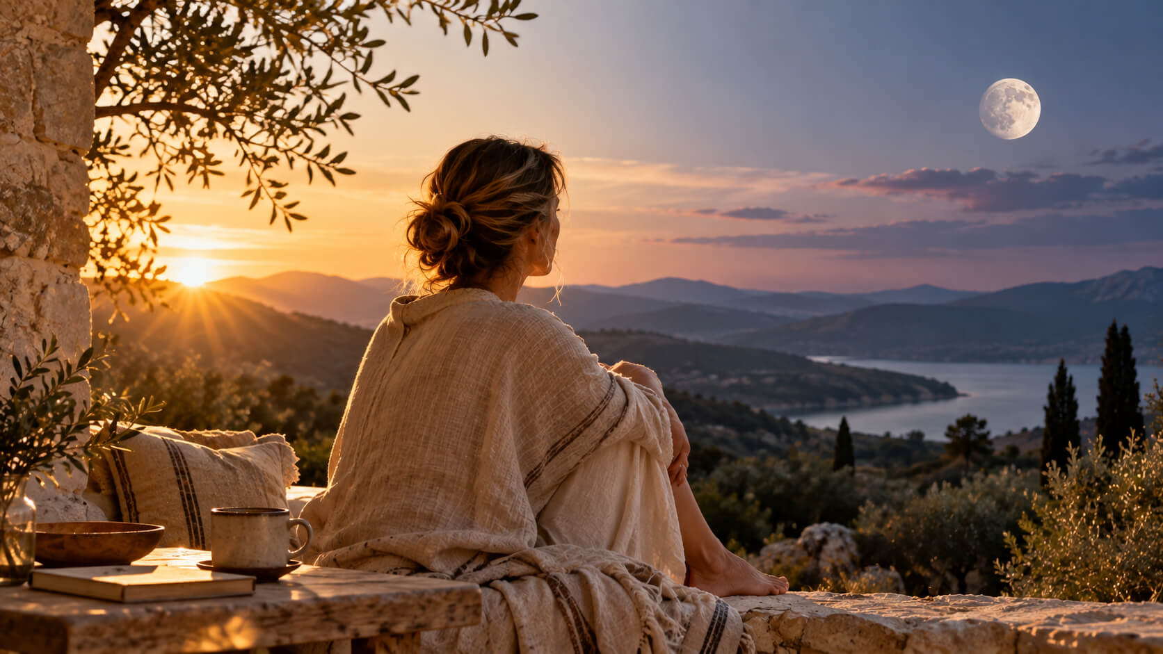 Mujer sentada ante un paisaje al atardecer, entre la luz del sol y la aparición de la luna.