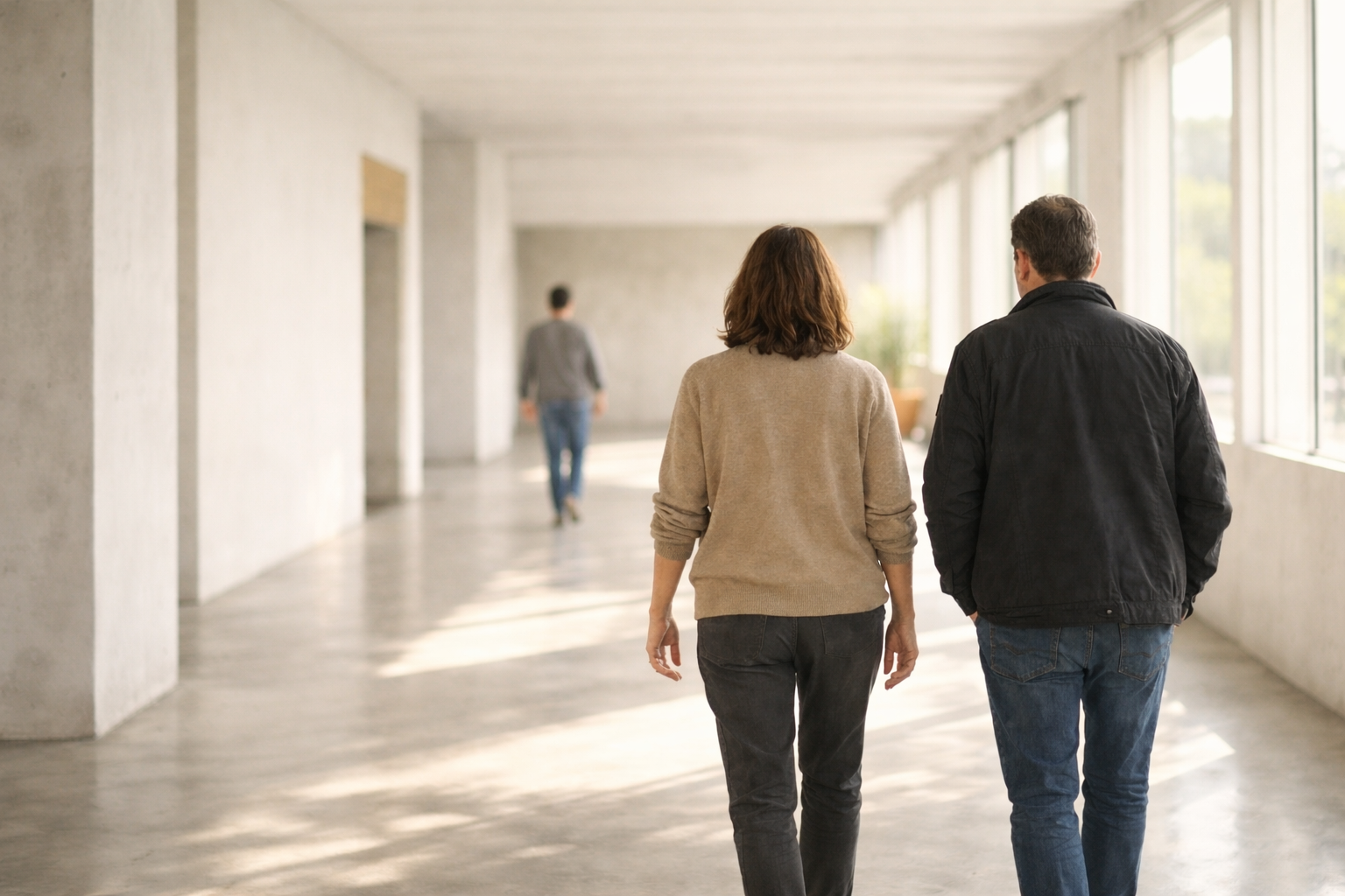 Dos personas caminan juntas por un pasillo amplio y sobrio, con luz natural difusa y arquitectura neutra.