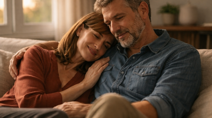 Pareja adulta sentada junta en un sofá, con luz cálida de atardecer entrando por una ventana.