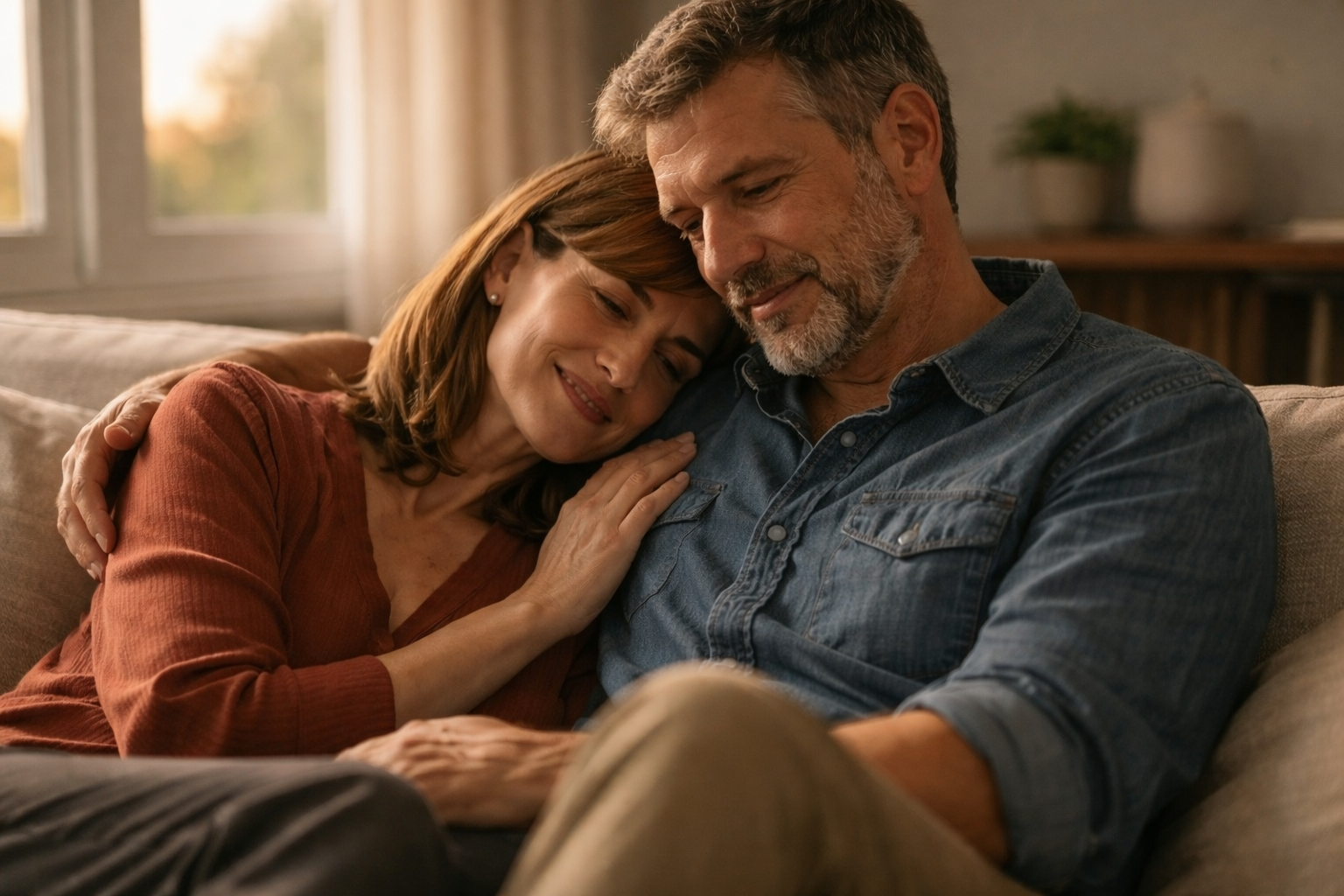 Pareja adulta sentada junta en un sofá, con luz cálida de atardecer entrando por una ventana.
