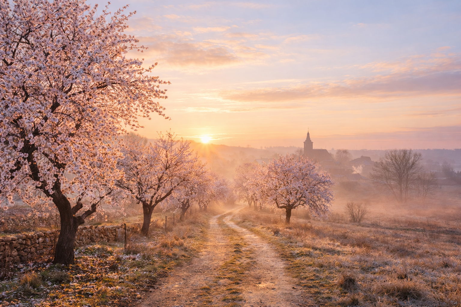 Almendros en flor a finales de invierno, con un camino rural y luz suave de febrero.