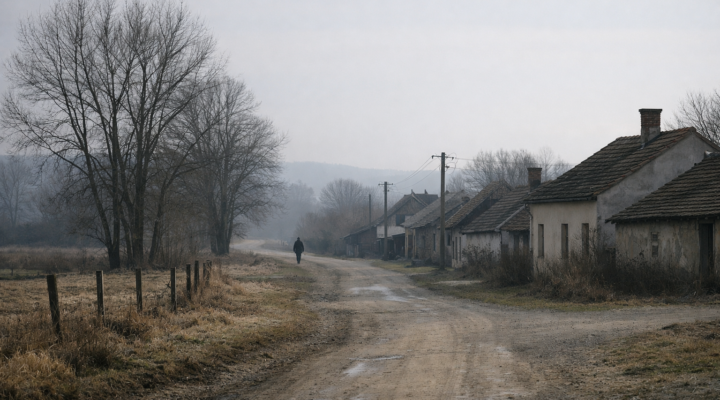 Camino rural en un pueblo a finales de invierno, con árboles desnudos, casas antiguas y una figura caminando a lo lejos bajo una luz fría y difusa.