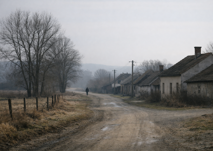 Camino rural en un pueblo a finales de invierno, con árboles desnudos, casas antiguas y una figura caminando a lo lejos bajo una luz fría y difusa.