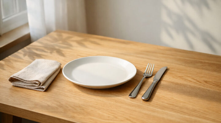 Mesa de madera con plato blanco y cubiertos junto a una ventana con luz natural suave, representando alimentación consciente y equilibrio personal
