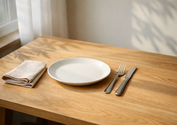 Mesa de madera con plato blanco y cubiertos junto a una ventana con luz natural suave, representando alimentación consciente y equilibrio personal