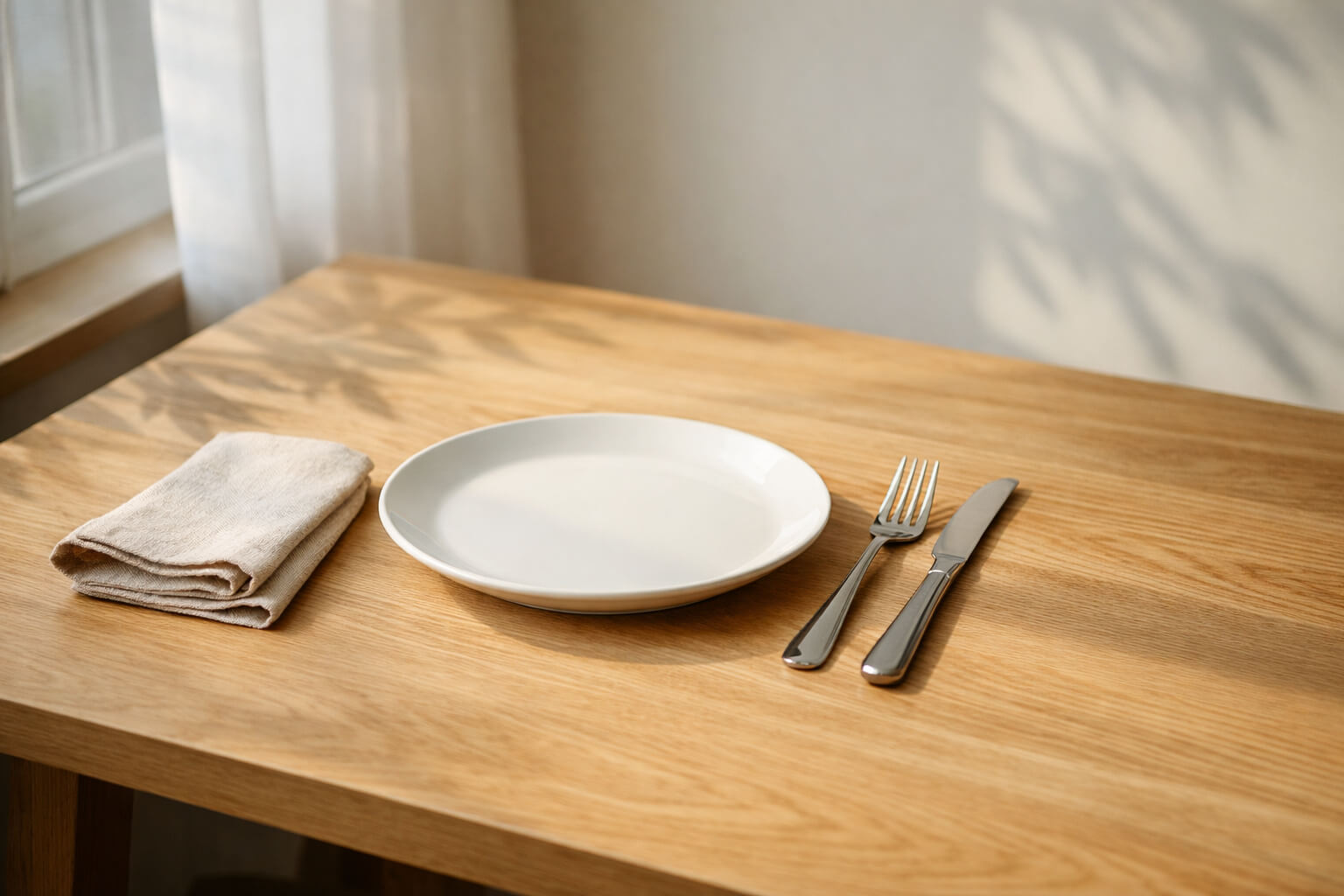 Mesa de madera con plato blanco y cubiertos junto a una ventana con luz natural suave, representando alimentación consciente y equilibrio personal
