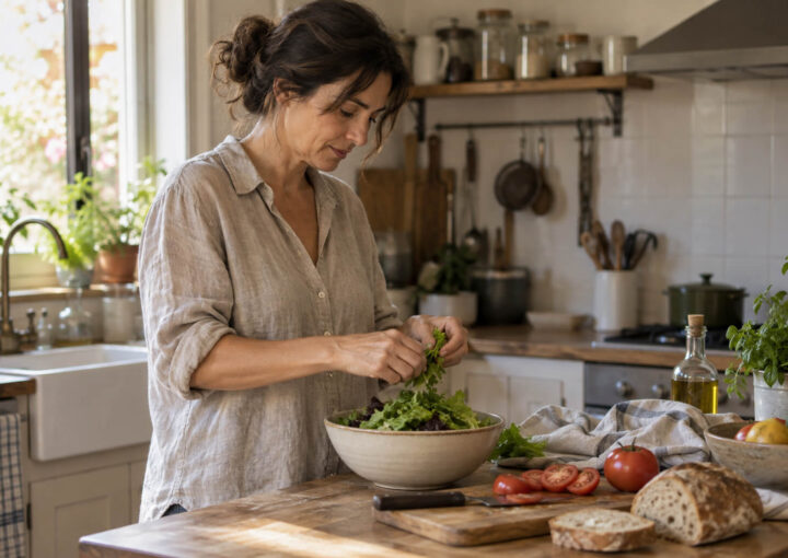 Mujer preparando una ensalada en una cocina iluminada por luz natural, con pan y tomates sobre una encimera de madera.