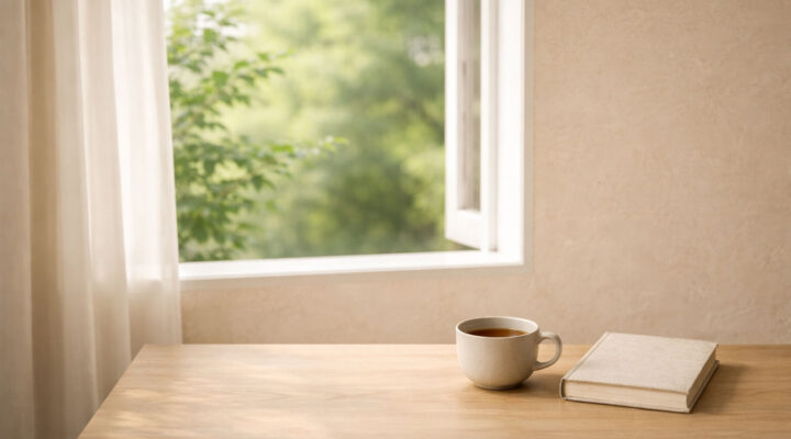 Mesa de madera clara junto a una ventana abierta con vegetación verde desenfocada al fondo, una taza de té y un libro cerrado en un ambiente minimalista con luz natural suave.