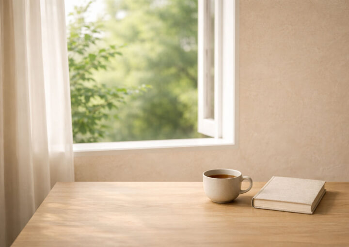 Mesa de madera clara junto a una ventana abierta con vegetación verde desenfocada al fondo, una taza de té y un libro cerrado en un ambiente minimalista con luz natural suave.