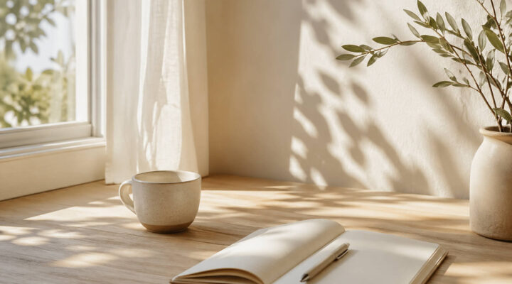 Luz de primavera entrando por una ventana sobre una mesa de madera con cuaderno abierto y taza en un ambiente sereno