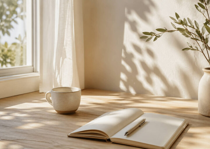 Luz de primavera entrando por una ventana sobre una mesa de madera con cuaderno abierto y taza en un ambiente sereno