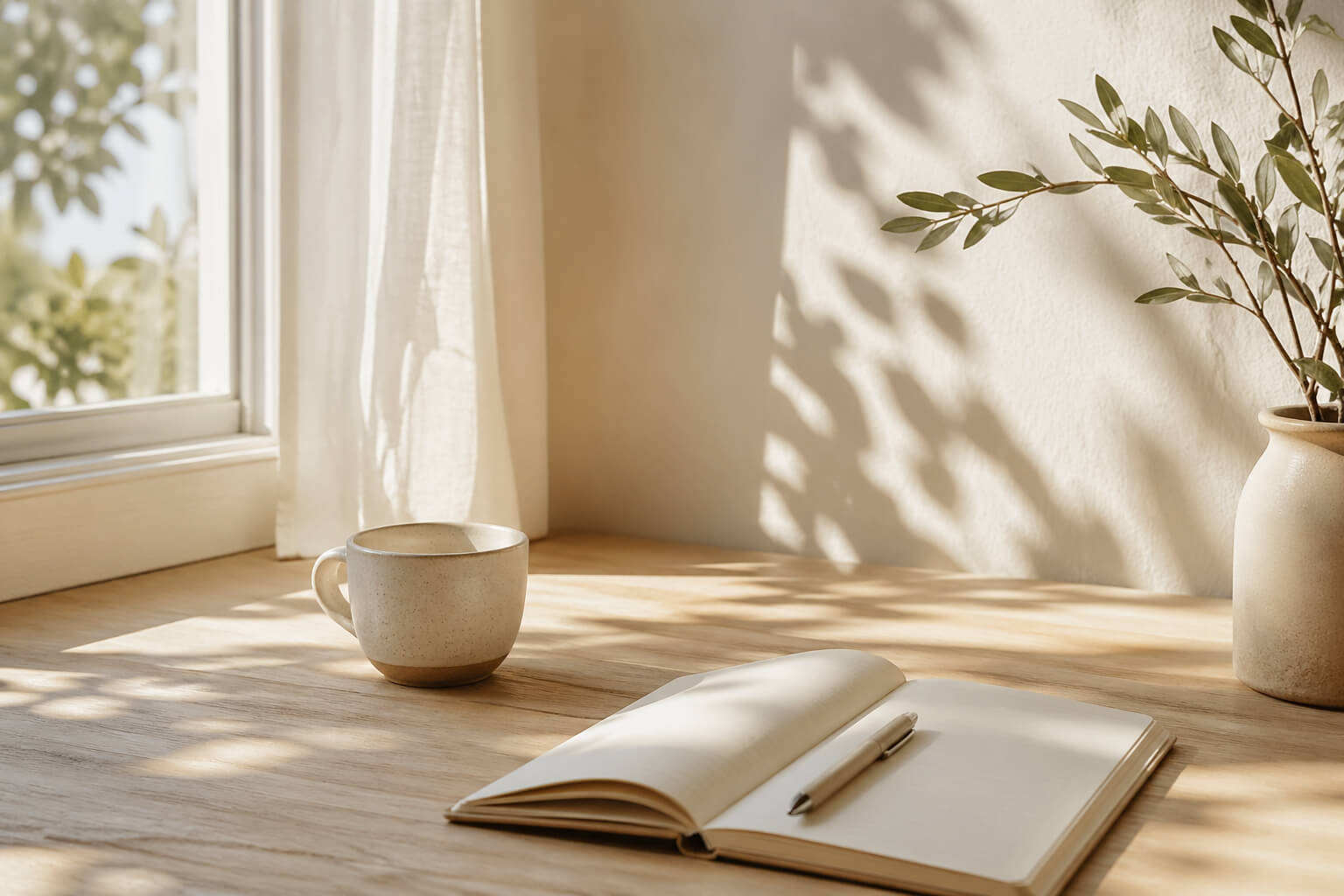 Luz de primavera entrando por una ventana sobre una mesa de madera con cuaderno abierto y taza en un ambiente sereno