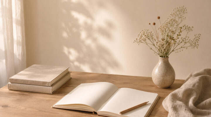 Cuaderno abierto sobre una mesa de madera iluminada por luz natural, junto a libros y un jarrón con flores, representando el aprendizaje y el crecimiento personal.