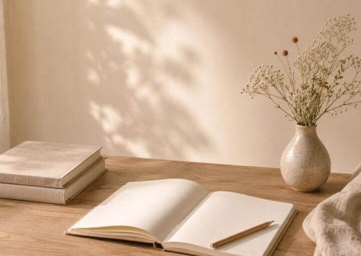 Cuaderno abierto sobre una mesa de madera iluminada por luz natural, junto a libros y un jarrón con flores, representando el aprendizaje y el crecimiento personal.