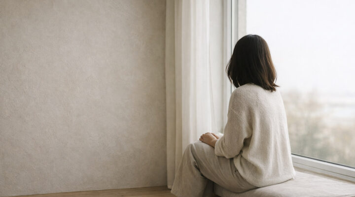 Silueta de una mujer sentada junto a una ventana en un interior minimalista beige, con luz natural suave y suelo de madera clara.