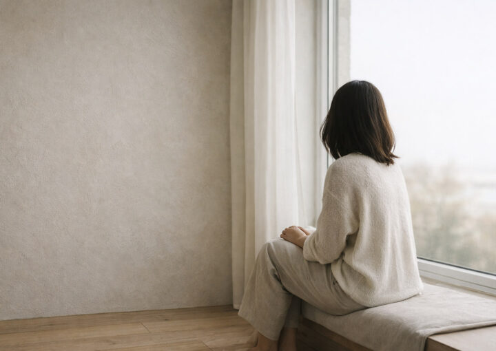 Silueta de una mujer sentada junto a una ventana en un interior minimalista beige, con luz natural suave y suelo de madera clara.