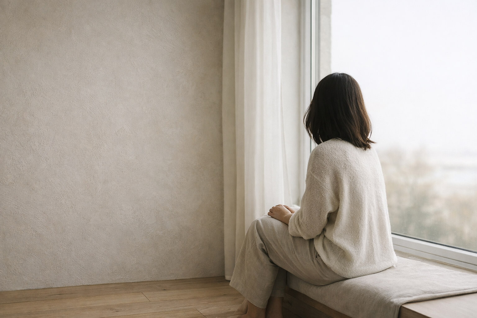 Silueta de una mujer sentada junto a una ventana en un interior minimalista beige, con luz natural suave y suelo de madera clara.