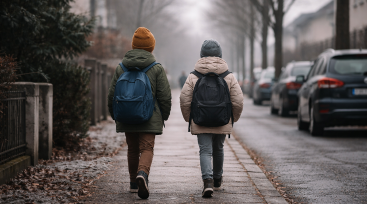 Dos niños de espaldas caminan por una calle urbana en invierno, con mochilas escolares, en un ambiente cotidiano y silencioso, sin gesto emocional marcado.