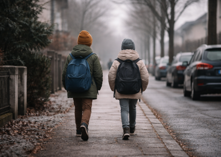 Dos niños de espaldas caminan por una calle urbana en invierno, con mochilas escolares, en un ambiente cotidiano y silencioso, sin gesto emocional marcado.