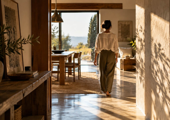 Mujer caminando por un interior iluminado por la luz natural, entre zonas de luz y sombra.