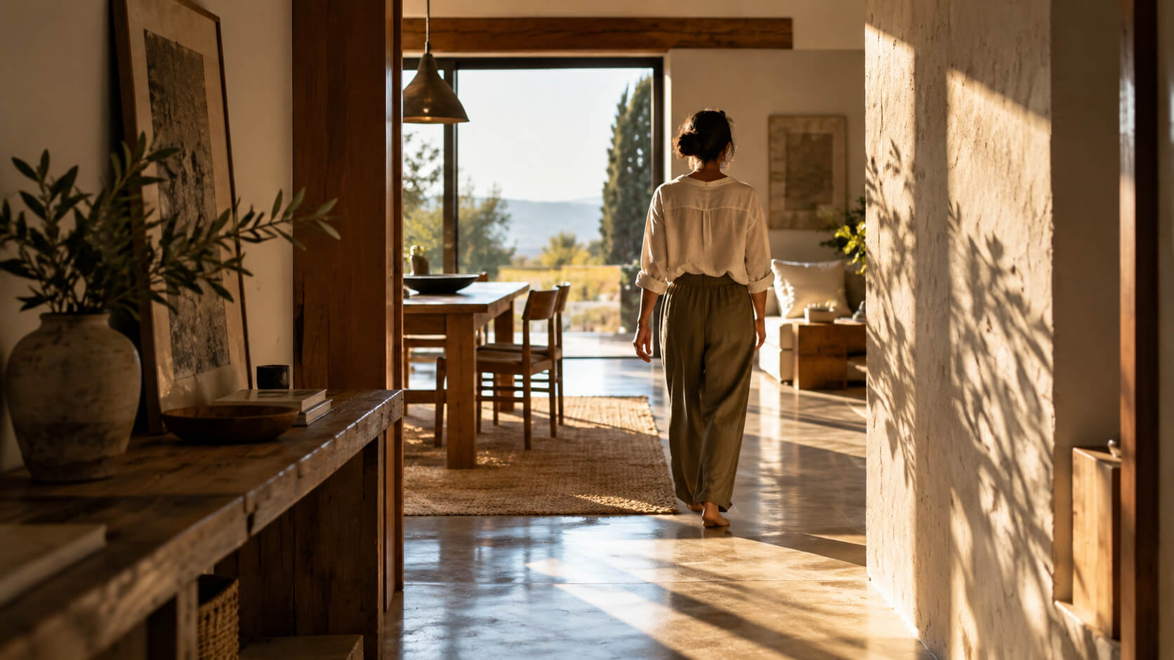 Mujer caminando por un interior iluminado por la luz natural, entre zonas de luz y sombra.