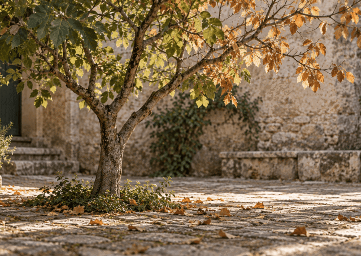Pequeño árbol de hojas verdes y otoñales en un antiguo patio de piedra, símbolo del crecimiento y las etapas de la vida.