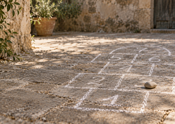 Rayuela dibujada con tiza blanca sobre un antiguo suelo de piedra, con una pequeña piedra de juego sobre una de las casillas.