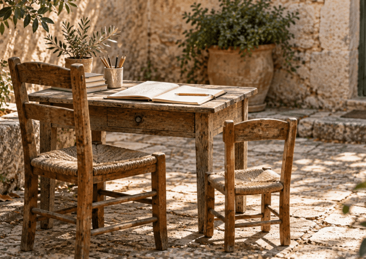 Dos sillas de madera, una grande y otra pequeña, junto a un cuaderno escolar abierto en un patio mediterráneo.