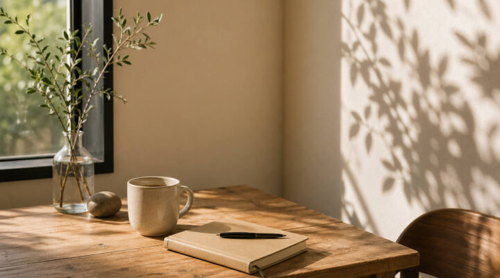Mesa de madera junto a una ventana con luz natural, taza y cuaderno en un ambiente sereno y minimalista