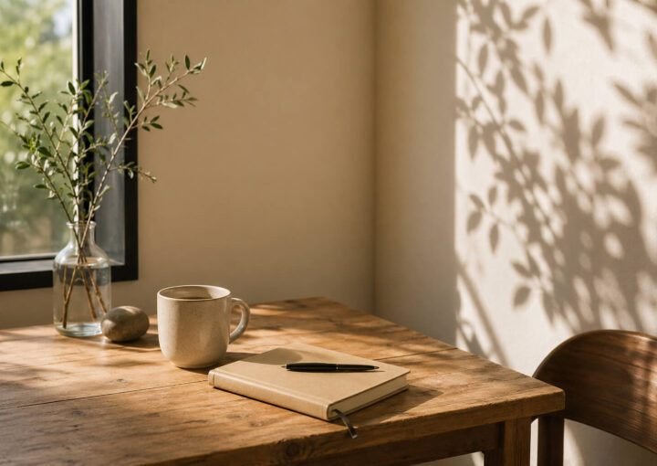 Mesa de madera junto a una ventana con luz natural, taza y cuaderno en un ambiente sereno y minimalista