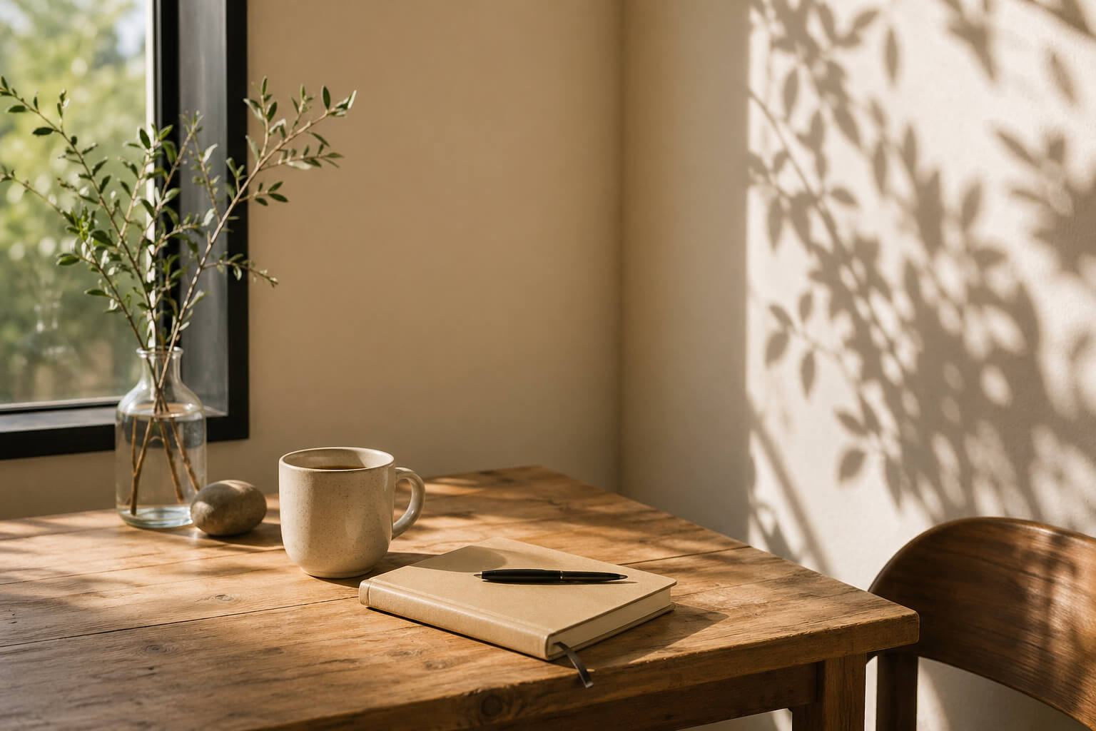 Mesa de madera junto a una ventana con luz natural, taza y cuaderno en un ambiente sereno y minimalista