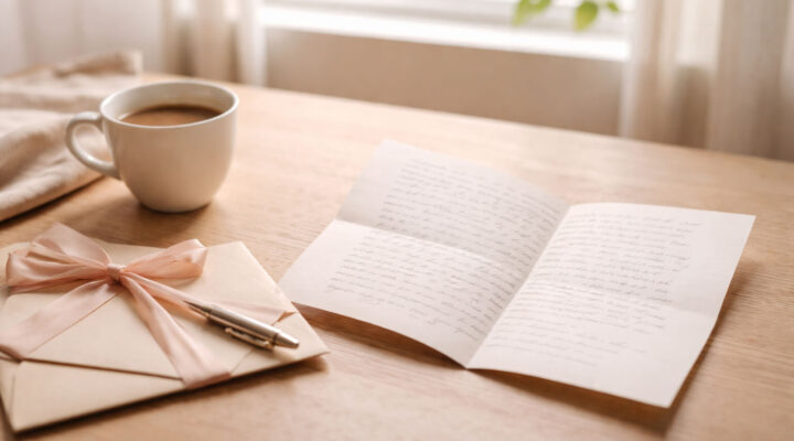 Carta manuscrita abierta junto a una taza de café sobre una mesa de madera con luz natural suave