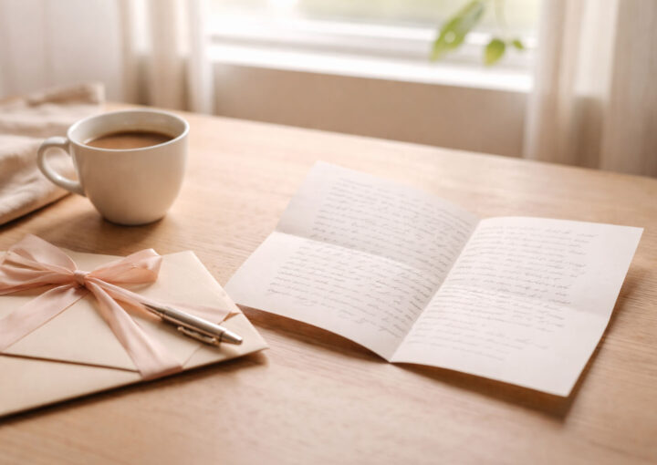 Carta manuscrita abierta junto a una taza de café sobre una mesa de madera con luz natural suave