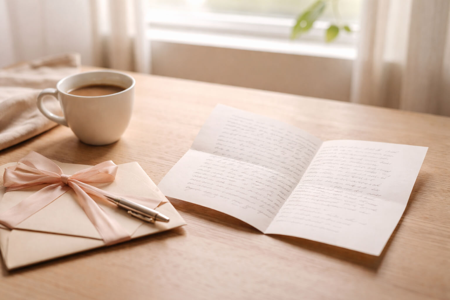 Carta manuscrita abierta junto a una taza de café sobre una mesa de madera con luz natural suave