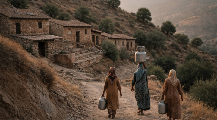 Tres mujeres caminando por un sendero rural con recipientes de agua hacia un pueblo de montaña al atardecer